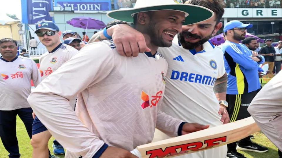 Virat Kohli gifts his bat to retiring Shakib al Hasan