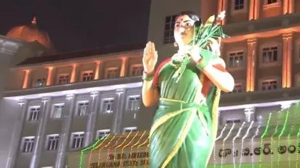 Revanth Reddy unveils newly designed Telangana thalli statue at Secretariat