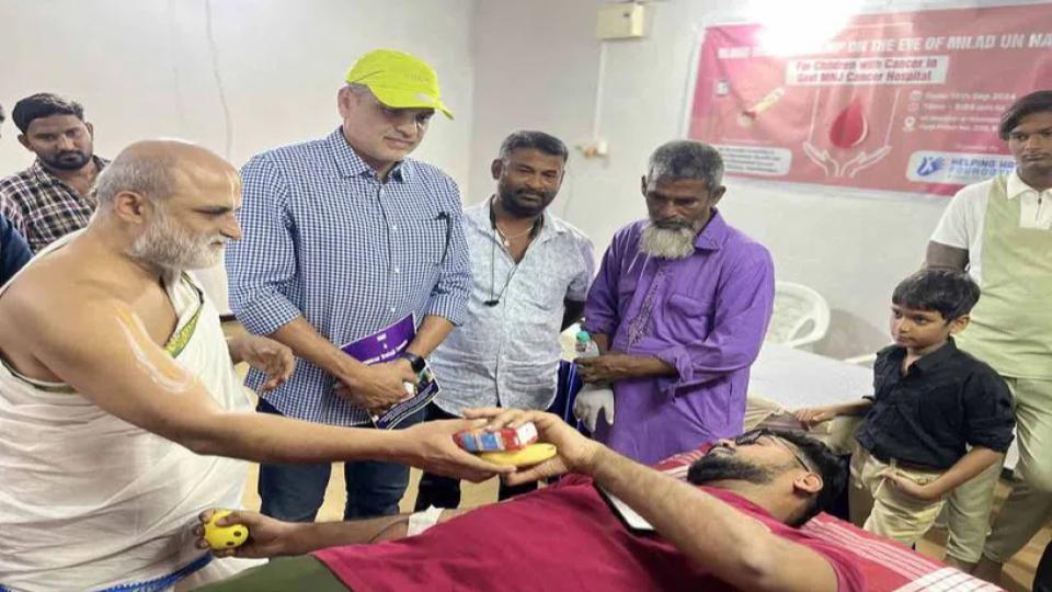 Chilkur priest attends Milad blood donation camp in a mosque for child cancer patients