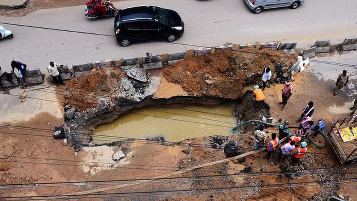 Miyapur Road Caves In Due to Pipeline Leak