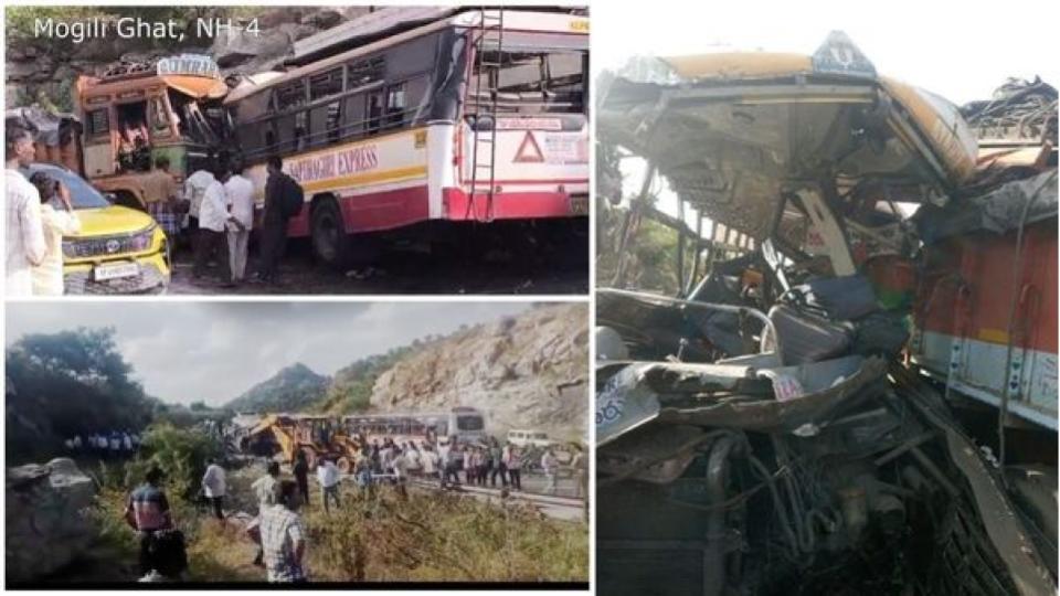 Eight dead, thirty injured after bus collides with two trucks in AP