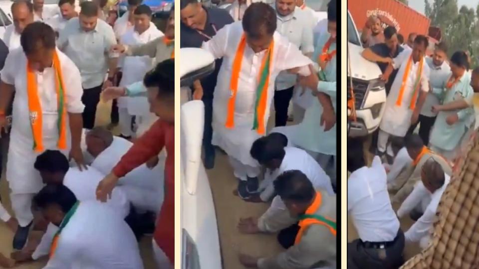 Video of Haryana BJP leader walks on cadre’s hands to ‘bless’ them