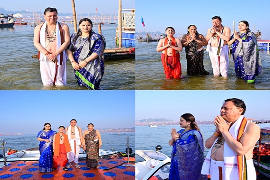 Uttarakhand CM Pushkar Dhami Takes Holy Dip at Triveni Sangam in Prayagraj