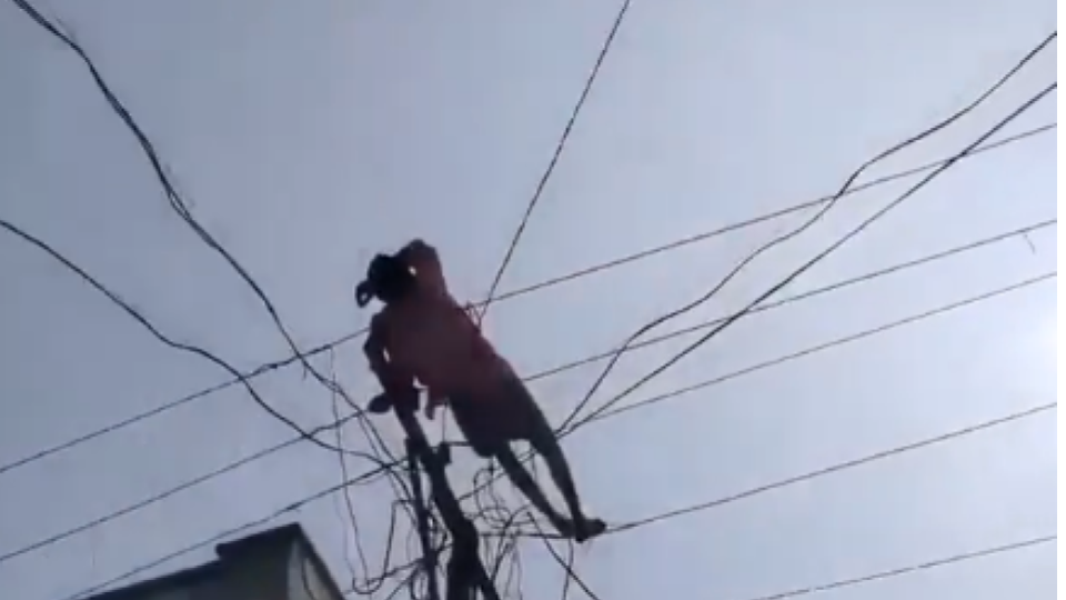 Video of Drunk man climbs electric pole and lies down on wires in AP