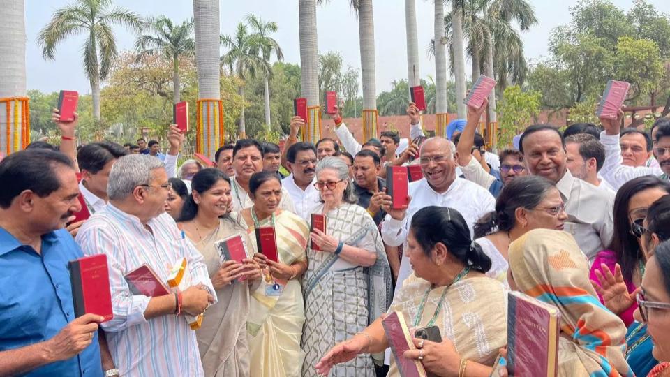 INDIA bloc leaders protest holding copy of Constitution Politics