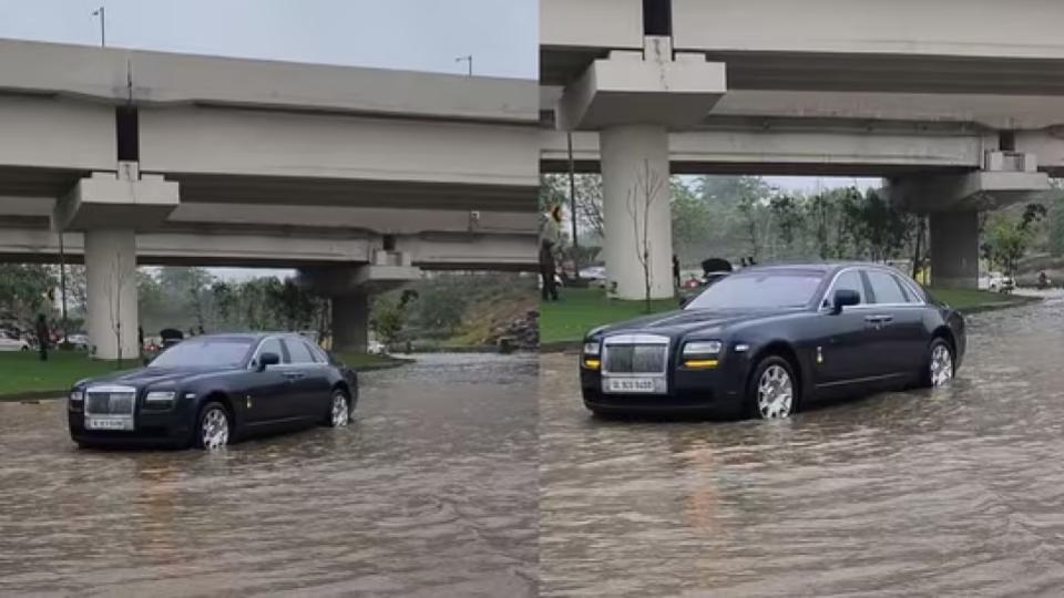 Rolls-Royce Ghost breaks down on flooded road in Delhi.