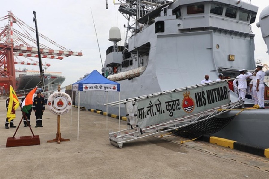 INS Kuthar receives warm welcome upon arrival at Colombo port